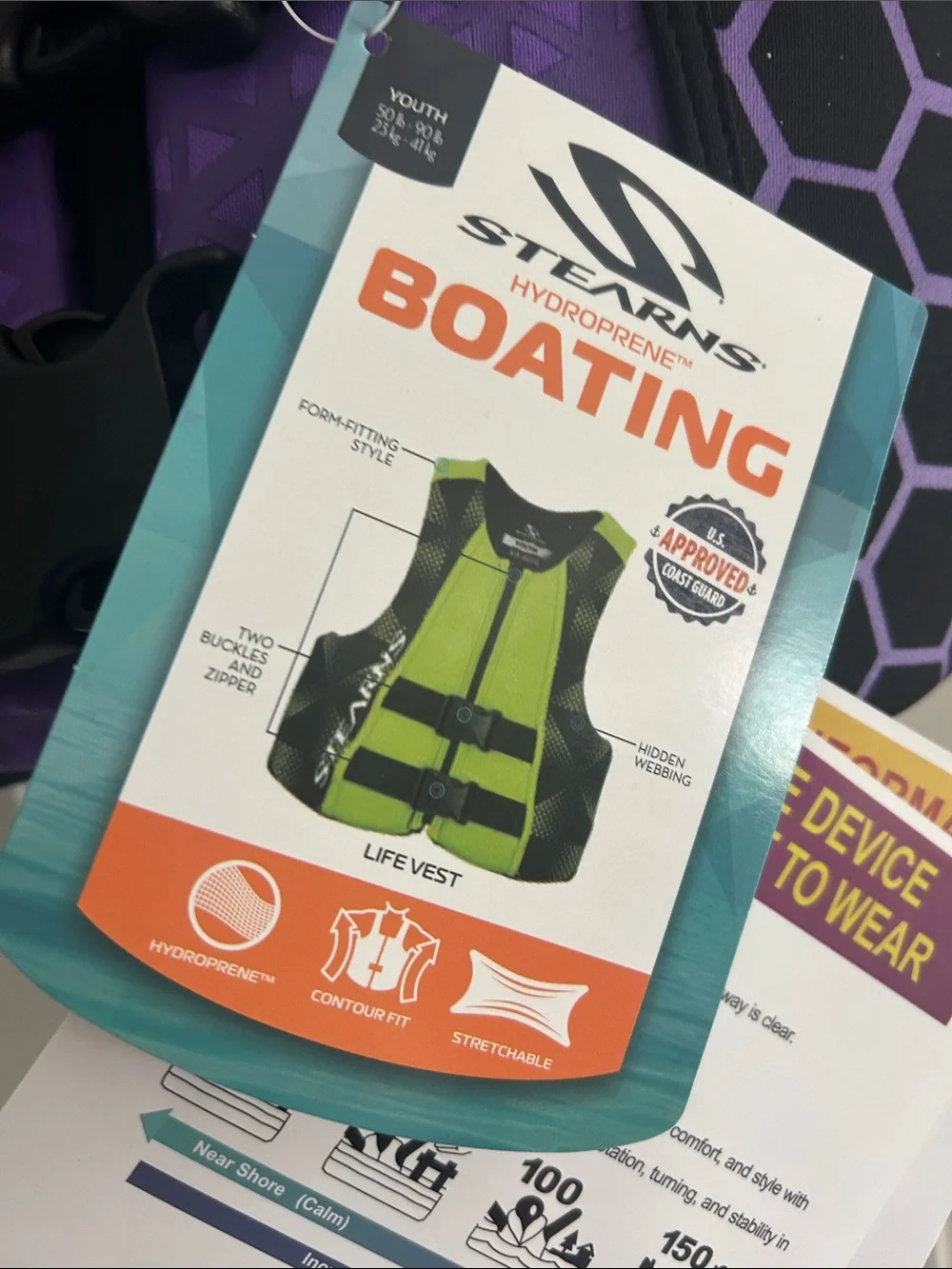 STEARNS YOUTH LIFE JACKET PURPLE HEX PATTERN SIZE YOUTH 50-90LBS NWT